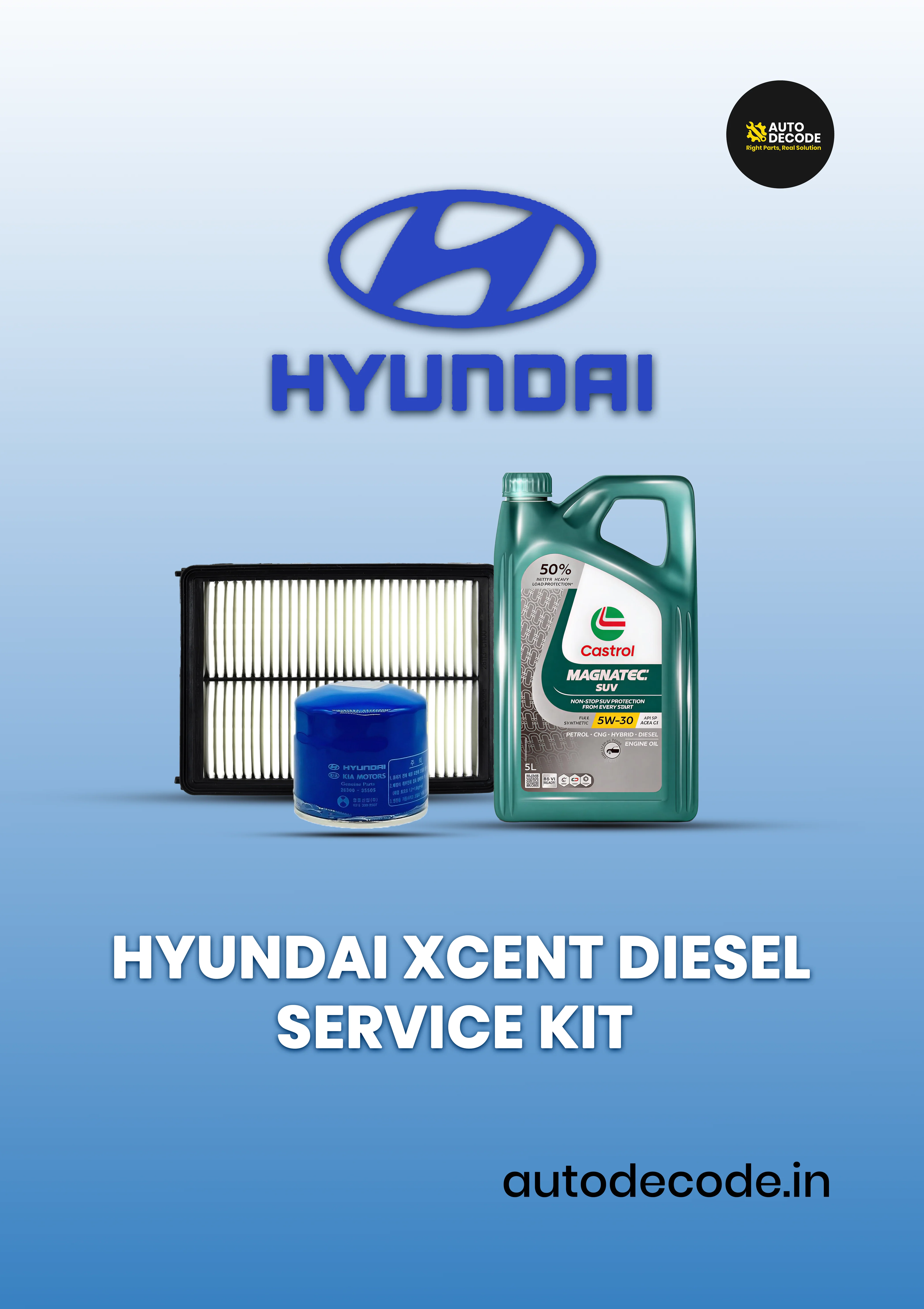 Hyundai Xcent Diesel Service Kit with Castrol Magnatec 5W30 Fully Synthetic Oil