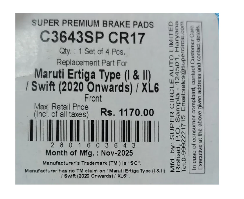 Maruti Suzuki Ertiga / XL6 Front Brake Pads – Super Circle (Super Premium) - Image 3